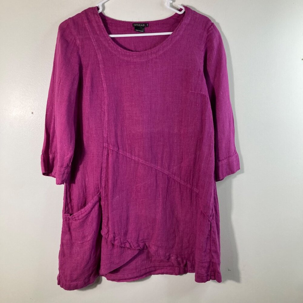 Womens Grizas‎ Lagenlook Asymmetrical Linen Tunic 3/4 Sleeve Pink XS Pocket